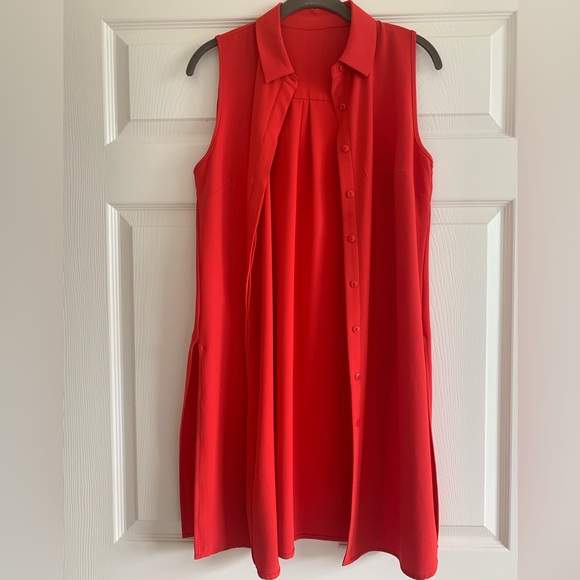 Bright Red Collared Sleeveless Button Down Duster with Split Hem Size Medium - Picture 1 of 5
